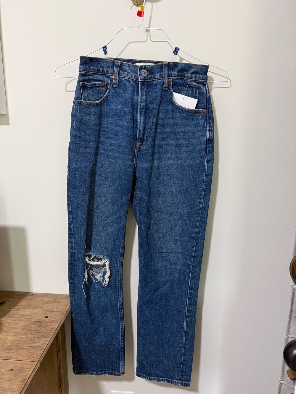 Abercrombie & Fitch Dark Blue Ankle Straight Ultra High Rise w/ Distressed Knee